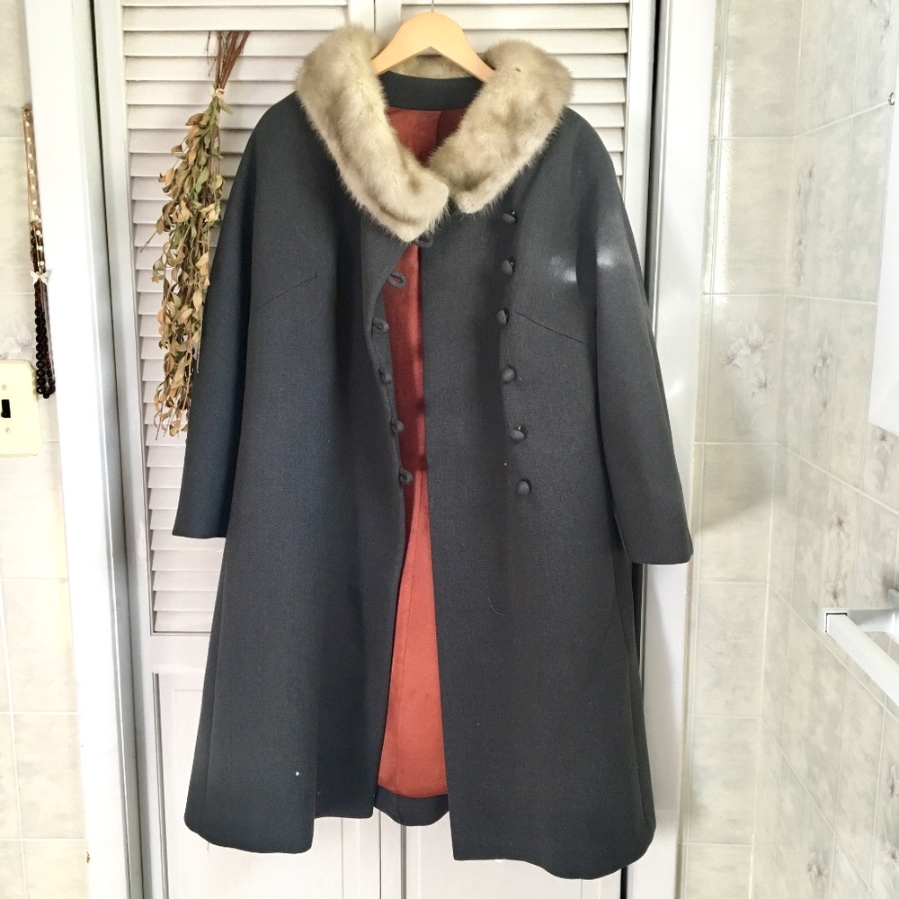 {Vintage} Grey Wool Fur Lined Collar Long Coat 7/8